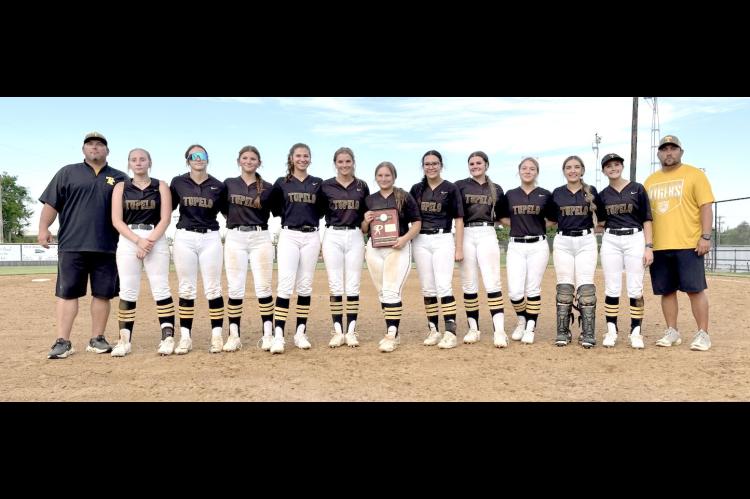 TUPELO SLOWPITCH SOFTBALL CLASS A DISTRICT CHAMPIONS SPRING 2025- Left to Right, Coach Romines, Faith Christian, Charlee Wood, Rebecca Dailey, Liz Sliger, Jade Ellis, Marley Crites, Bailey Battles, Lainee Wafford, Catrina Higdon, Jaylee Tailor, Keira Mill