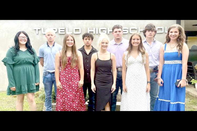 TUPELO HIGH SCHOOL SENIORS THAT ATTENDED THE COAL COUNTY CHAMBER OF COMMERCE LUNCHEON HELD AT THE TUPELO COMMUNITY CENTER. L-R: Kaitlin Davidson, Briesan Bastible, Kayle Watson, Adolfo Gutierrez, Paige Kingston, Briar Martin, Keira Miller, Cash Wainscott, Liz Sliger.