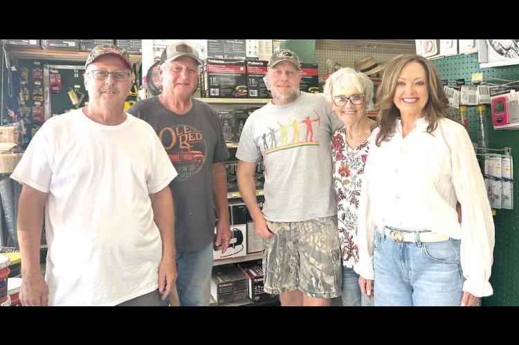 DAVID ENRICO RETIRES FROM C&C HARDWARE AFTER 17 YEARS...Pictured above are David Enrico, Chuck Loudermilk, Kevin Parry, Mary Eddings and Cindy Byrd enjoying David’s retirement party at C&C Hardware. Pictures By Gina Fortner