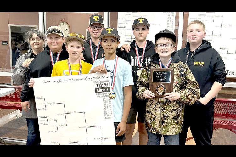 TUPELO 6/7 GRADE CLASS A STATE ACADEMIC CHAMPIONS! - Coach Dana Johnson, Jaxon Battles, Jason Medcalf, Eli Sliger, Josh Meek, Braylen Weller, Houston Reichle, Thomas Cannon. Picture and News by Gina Fortner