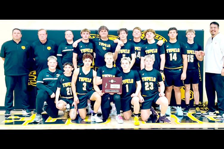 TUPELO HIGH SCHOOL BOYS BASKETBALL TEAM REGIONAL CONSOLATION CHAMPIONS! They are headed to the Area Tournament. Back Row L-R Coach Romines, Coach Walkup, Wade Grigg, Brody Arrington, Jaxon Ellis, Cal Vick, Dax Young, Brody Horton, Jaiden Ellis, Julius Farrell, Coach Frazier. Front Row L-R Wyatt Grigg, Chase Halsey, Ryder Johnson, Bricen Bastible, Aiden Walkup and Levi Guffey.