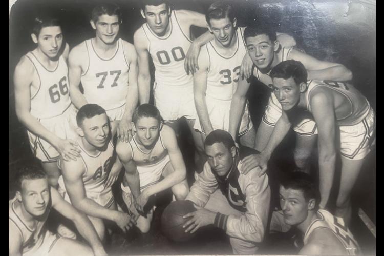 1954-55COALGATEWILDCATSBASKETBALLSTATETOURNAMENT TEAM — From left (standing) – Doyle Franklin, Marion Floyd, Jimmy Standridge, Dean Whiteley, Tom McDaniel, Floyd Palmer; (front) – Donald Rains, Joe Swoveland, Richard Boswell, Coach Claude Kedy, Roge