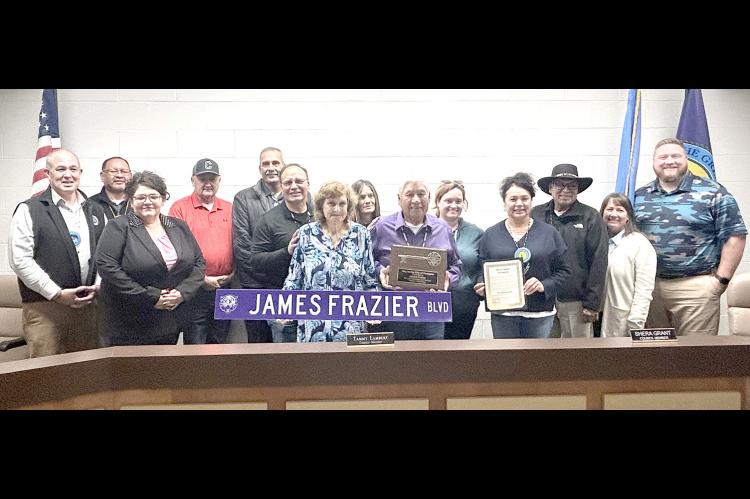 MR. JAMES FRAZIER HONORED AT RECENT CITY COUNCIL MEETING. He was awarded the Key to the City as well as had a street named after him. Pictured above are: Left to Right: (back) District 9 Councilman James Dry, District 2 Councilman Tony Ward, City Mayor Mi