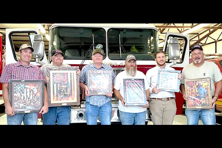 COAL COUNTY FIREFIGHTERS WITH THEIR DIAMOND ART PAINTINGS — From left - Jim Battles, Olney Fire Chief; Rick Ellis, Tupelo Fire Chief; Howard Ables, retired Fire Chief, Olney; Toby Freas, Pine-Legal Fire Chief; Patrick Jackson, Lehigh firefighter; Frank 