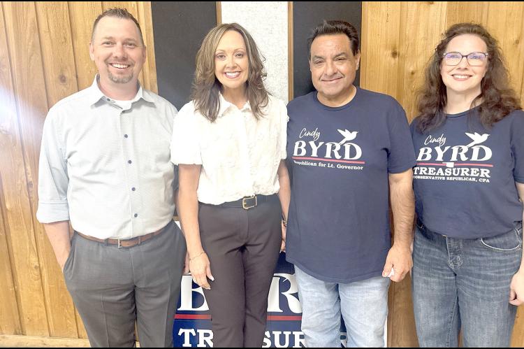 BYRD IS THE WORD... Coalgate resident and State Treasurer candidate Cindy Byrd was happy to be back in her hometown as she continues down the campaign trail. She is pictured above with local attorney Johnny Sandman, Cindy, her husband Steve Byrd, and her longtime personal friend and campaign consultant Holly Gerard.
