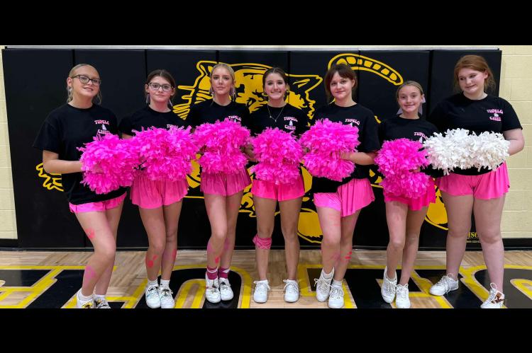 2024-2025 Tupelo Cheerleader Squad. Serena Marshall, Peyton Heffner, Lyla Boettner, Keira Miller, Kaycee Smith, Dalaynna Fortenberry and Alex Crisp