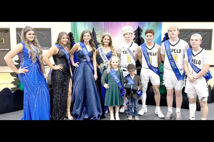 TUPELO HOMECOMING 2025 COURT. Left to Right: Lainee Wafford, Kayle Watson, Liz Sliger, Queen Kierra Miller, King Bricen Bastible, Ryder Johnson, Brody Horton, Aiden Walkup. Flower Girl Kinley Brown, Crown bearer Paycus McCoy-Arterberry.