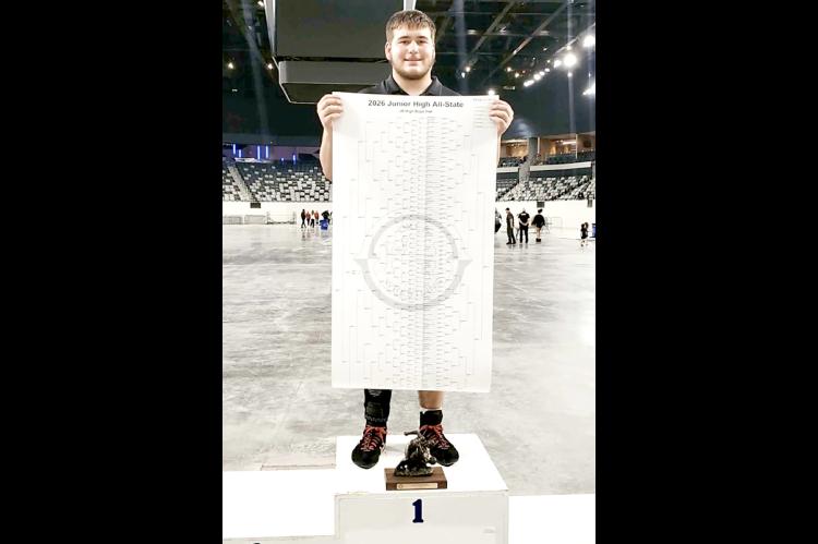Junior High All-State Champion Lucas Franklin with his All-State Tournament bracket and trophy.