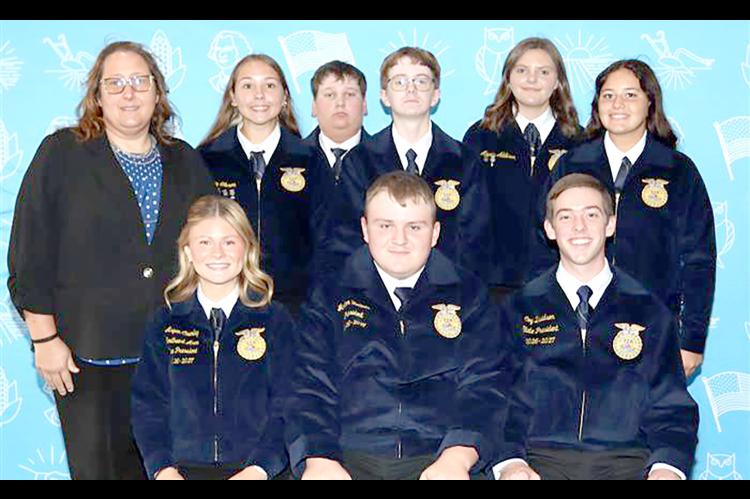 Standing: L-R: Ms. Battles-Advisor, Aubrey GibsonSentinel, Jaxon Battles-Vice President, Houston Reichle-Reporter, Lexi Addison-Treasurer and Mesa Johnson-Secretary. Front row L-R Southeast Regional Vice President-Aspen Chumley, Jaxton Fortner-President, Coy Davidson-State President.