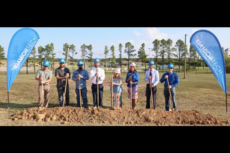 Photo (left to right): Michael Riley, Architect; Eric Short, Mid-Plains Construction Superintendent; Thomas Seidel, Mid-Plains Construction President; Greg Davidson, Kiamichi Tech Director of Facility Management and Development; Colette Harper, Kiamichi Tech Board of Education Member; Shelley Free, Kiamichi Tech Superintendent; Kerwin Manion, Kiamichi Tech – Atoka Campus Director; Jacob Callicoat, Kiamichi Tech Welding Instructor. Photo courtesy Kiamichi Technology Center – Atoka