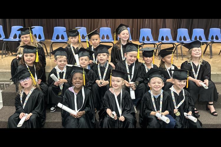 TUPELO PRE-K GRADUATES! Front Row L-R: Journey Rhoads, Kendra Vernelus, Elodie Squires, Luke Imotichey, Gunner Romines. Middle Row L-R: Ava Cruz, Casen McCollum, Paycus Arterberry, Jesse Johnson, Jase Visek, Austin Gilbreath, Madyson Newhart Eva Stone. Ba