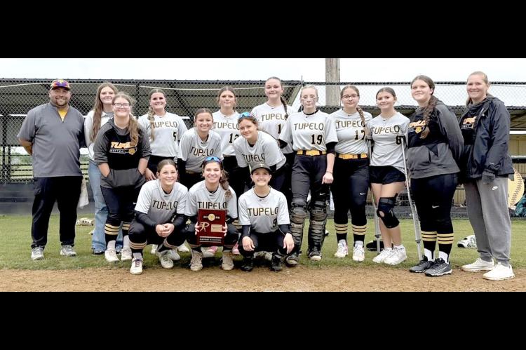 TUPELO SOFTBALL DISTRICT CHAMPIONS- Back Row L-R: Coach Ybarra, Lexi Addison, Sadie Hamer, Lainee Wafford, Katy Davis, Rebecca Dailey, Mesa Johnson, Everly Arrington, Faith Christian, Aubrey Gibson, Peyton Heffner, Jolie Hamer Coach Bilodeau. Front Row seniors: Kayle Watson, Liz Sliger and Keira Miller.