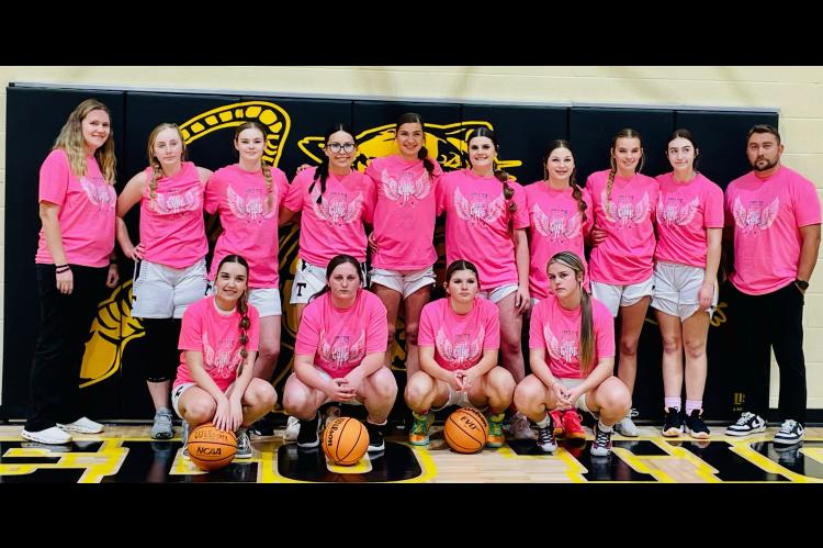 Tupelo Lady Tigers 2024-2025 Top L- R back row Asst. Coach Hailey Bilodeau, Faith Christian, Jody Sutterfield, Bailey Battles, Lainee Wafford, Kayle Watson, Jade Ellis, Charlee Wood, Coach Dustin Ybarra. Bottom L-R, Jaylee Tailor, Pearl Kuehn, Rebecca Dai