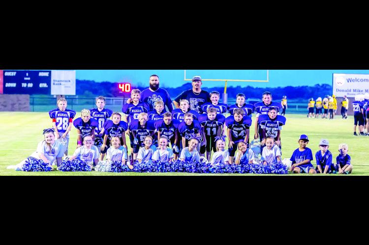 THIS YEARS PEE WEE FOOTBALL PLAYERS HAVE HAD A GOOD START WINNING 5 OUT OF 6 GAMES SO FAR— Pictured below are- Coaches: Lucas Franklin, Matt Crow; back row - L-R Bodie Franklin, Bralin Grant, Jackson Denson, Kasen Graham; 2nd -Row L-R Tanner Airington, 