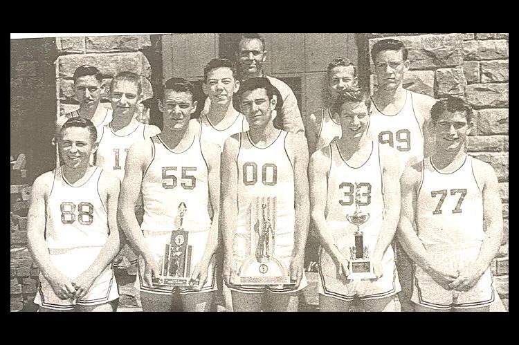 Coalgate Wildcats 1954-55 State Basketball Tournament Team — From left (front) - Joe Swoveland, Roger Kite, Jim Standridge, Dean Whiteley, Marion Floyd; (center) - Richard Boswell, Tom McDaniel, Floyd Palmer; (back) - Doyle Franklin, Coach Claude Kedy, 