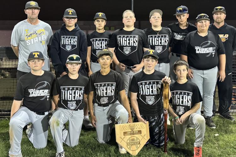 TUPELO JUNIOR HIGH BASEBALL BOYS WIN RUNNER UP IN ATOKA JUNIOR HIGH WOODEN BAT CLASSIC. Left to right back row- Coach Clay Weller, Eli Sliger, Colt Bastible, Wade Grigg, Wyatt Grigg, Jaxon Battles, Asst Coach Joel Medcalf. Front row- Emerson Miller, Jason