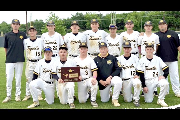 TUPELO BASEBALL REGIONAL TOURNAMENT CHAMPIONS back row L-R: Coach Bills, Jagger Crites, Cal Vick, Brody Horton, Dax Young, Ryder Johnson, Brody Airington, Briesan Bastible, Coach Romines. Front Row L-R: Emerson Miller, Aiden Walkup, Levi Guffey, Wyatt Grigg, Ben Daniel, Remington Guffey. The Tigers will play in the Class B State Tournament starting Thursday.