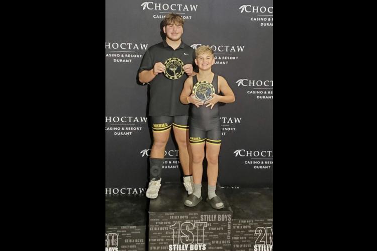 Lehigh brothers Lucas Franklin, left, and Bodie Franklin, right, with their 1st place awards won at the recent Stilly Boys Nationals in Durant.