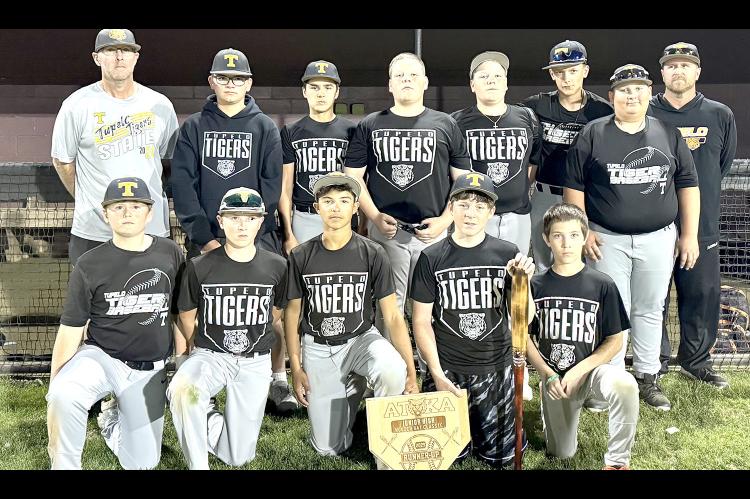 TUPELO JUNIOR HIGH BASEBALL BOYS WINNING RUNNER UP INATOKAJUNIOR HIGH WOODEN BAT CLASSIC. Left to right back row- Coach Clay Weller, Eli Sliger, Colt Bastible, Wade Grigg, Wyatt Grigg, Jaxon Battles, Asst Coach Joel Medcalf. Front row- Emerson Miller, Jas