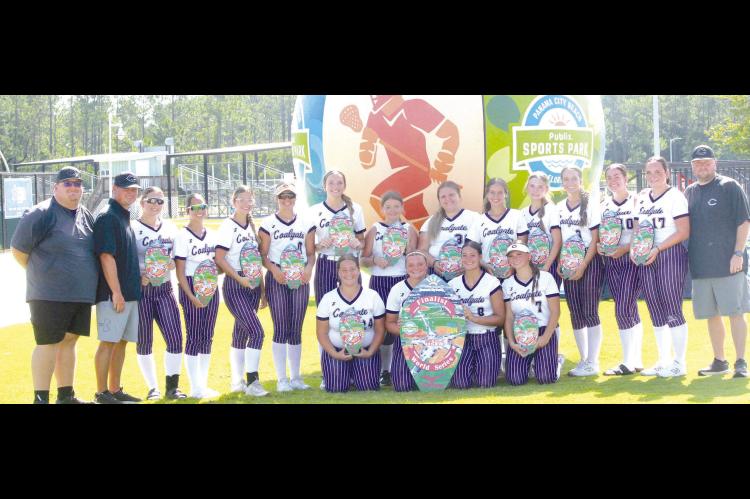 to compete in the USFA World Series. The Ladycats came home with a 3rd place finish for the second year in a row. Pictured back row: assistant Coach Tregg Goodson, assistant coach Michael Barnes, Bliss Battles, Dorothy Rogers, Hadley Traylor, Natalie DeLozier, Taytum Nelson, Madyson Williams, Harley Fortenberry, Taryen Vaughn, Jolee Lackey, Adrian Childers, Presley Humphreys, Morgan Lee, Head Coach Matt Benedict. Front row: Seniors Peyton Airington, Olivia Nelson, Jolie House, Rebecca Dailey.