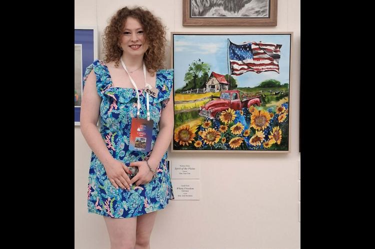 Candi Ford standing beside her painting at the Cannon Tunnel Gallery of the United States Capitol.