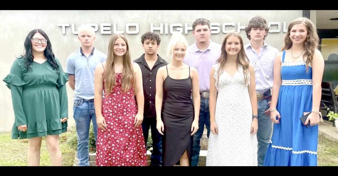 TUPELO HIGH SCHOOL SENIORS THAT ATTENDED THE COAL COUNTY CHAMBER OF COMMERCE LUNCHEON HELD AT THE TUPELO COMMUNITY CENTER. L-R: Kaitlin Davidson, Briesan Bastible, Kayle Watson, Adolfo Gutierrez, Paige Kingston, Briar Martin, Keira Miller, Cash Wainscott, Liz Sliger.