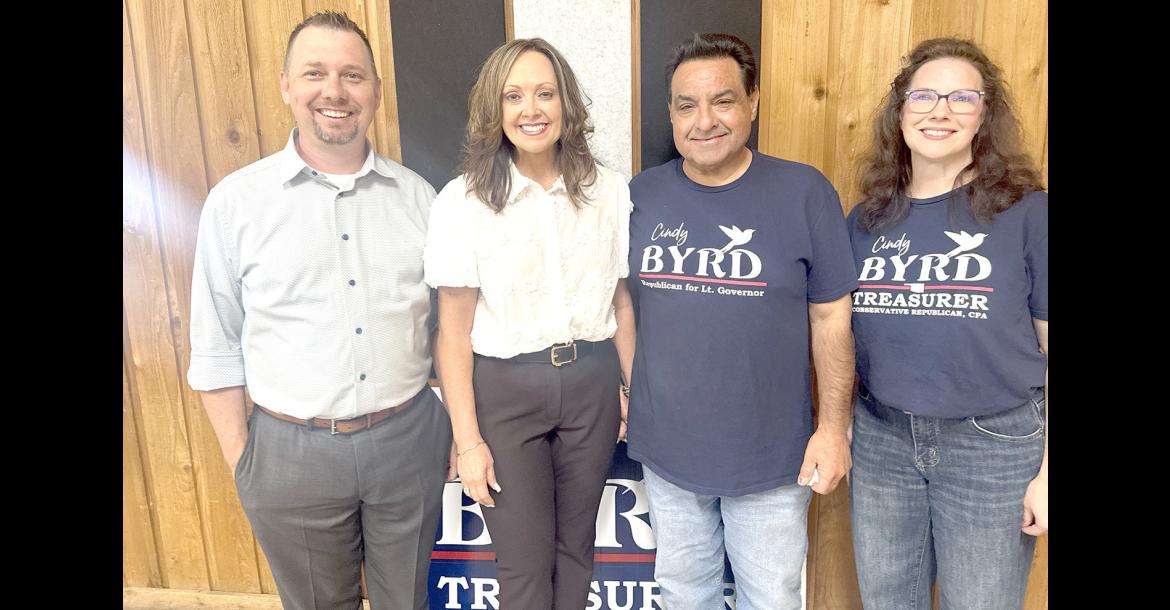 BYRD IS THE WORD... Coalgate resident and State Treasurer candidate Cindy Byrd was happy to be back in her hometown as she continues down the campaign trail. She is pictured above with local attorney Johnny Sandman, Cindy, her husband Steve Byrd, and her longtime personal friend and campaign consultant Holly Gerard.