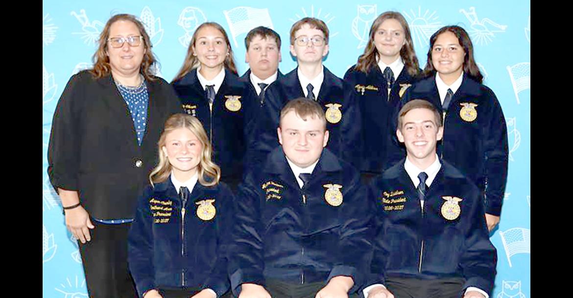 Standing: L-R: Ms. Battles-Advisor, Aubrey GibsonSentinel, Jaxon Battles-Vice President, Houston Reichle-Reporter, Lexi Addison-Treasurer and Mesa Johnson-Secretary. Front row L-R Southeast Regional Vice President-Aspen Chumley, Jaxton Fortner-President, Coy Davidson-State President.