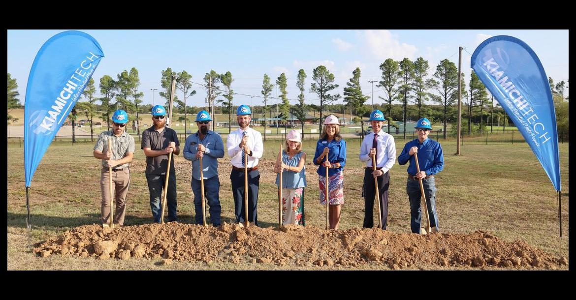 Photo (left to right): Michael Riley, Architect; Eric Short, Mid-Plains Construction Superintendent; Thomas Seidel, Mid-Plains Construction President; Greg Davidson, Kiamichi Tech Director of Facility Management and Development; Colette Harper, Kiamichi Tech Board of Education Member; Shelley Free, Kiamichi Tech Superintendent; Kerwin Manion, Kiamichi Tech – Atoka Campus Director; Jacob Callicoat, Kiamichi Tech Welding Instructor. Photo courtesy Kiamichi Technology Center – Atoka