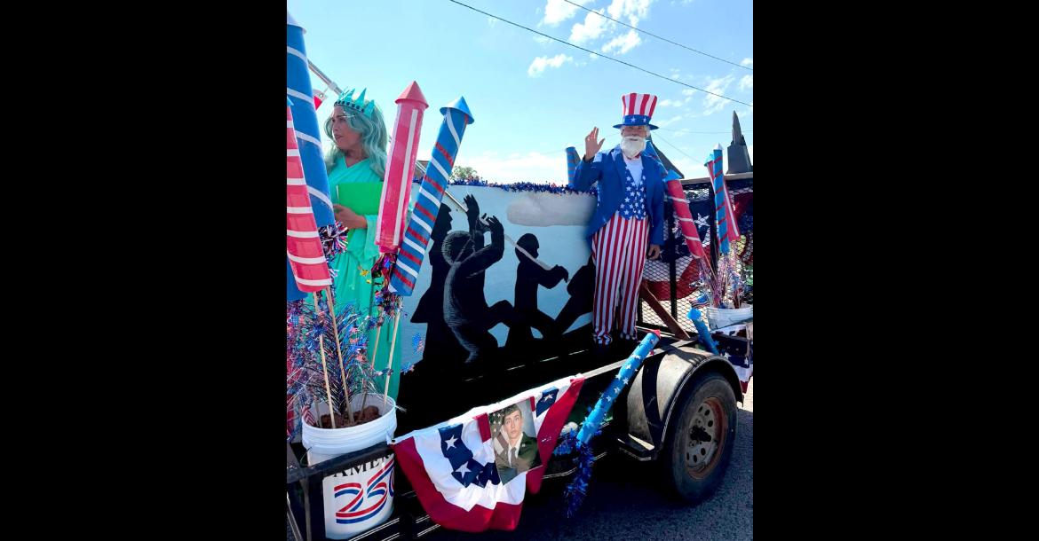 Amy Welch was our beautiful Statue of Liberty and our friend Matt Bowen stepped up to be our “Uncle Sam”. Matt served in the U.S. Navy for 20 years and is always willing to help us! My son, Noah Williams, is represented on this banner. He is currently serving in the Air Force in the east coast.