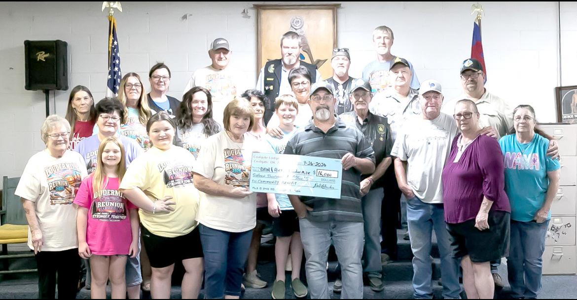 COALGATE MASONIC LODGE 211 ON SEPTEMBER 26TH PRESENTED A MATCHING FUNDS CHECK OF $16,000 TO DAN AND RICKY LOUDERMILK. Accepting the check is the Loudermilk family along with Masonic members Bobbie Horn, Chris Horn, Alfred Horn, Gary Stockwell. Ronny Lambert and Worshipful Master David Blackmon.