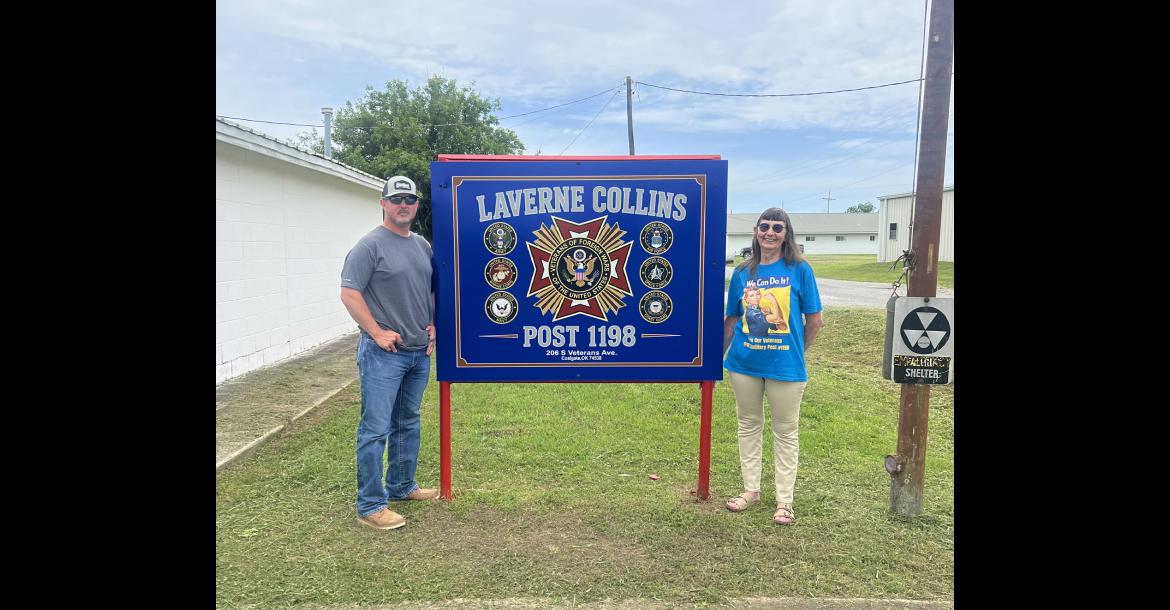 Pictured in front of the new Laverne Collins VFW Post 1198 sign are Tagus Horton of Black Hawk Signs and Janet Airington of VFW Auxiliary.
