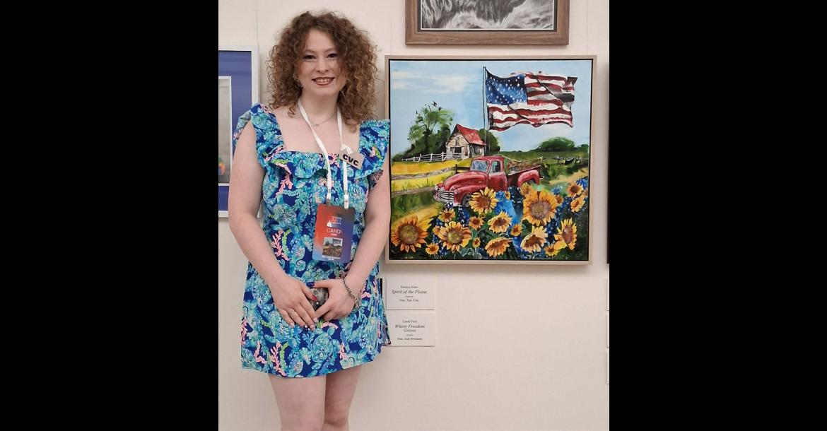 Candi Ford standing beside her painting at the Cannon Tunnel Gallery of the United States Capitol.