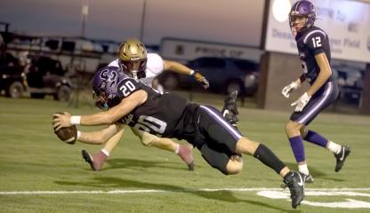 Jett Walkup dives for the touchdown! The score would be crucial to the Wildcat victory over the rival Atoka Wampus cats. The game was decided by only one point. Coalgate Football Pictures by Sherry Loudermilk