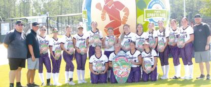 to compete in the USFA World Series. The Ladycats came home with a 3rd place finish for the second year in a row. Pictured back row: assistant Coach Tregg Goodson, assistant coach Michael Barnes, Bliss Battles, Dorothy Rogers, Hadley Traylor, Natalie DeLozier, Taytum Nelson, Madyson Williams, Harley Fortenberry, Taryen Vaughn, Jolee Lackey, Adrian Childers, Presley Humphreys, Morgan Lee, Head Coach Matt Benedict. Front row: Seniors Peyton Airington, Olivia Nelson, Jolie House, Rebecca Dailey.