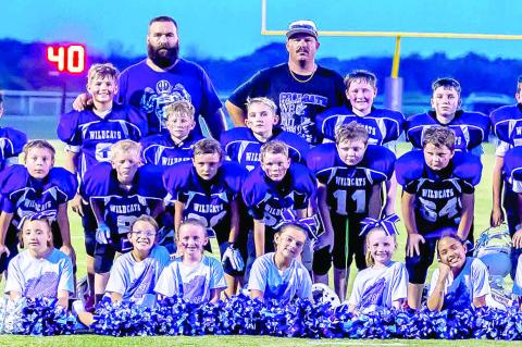 THIS YEARS PEE WEE FOOTBALL PLAYERS HAVE HAD A GOOD START WINNING 5 OUT OF 6 GAMES SO FAR— Pictured below are- Coaches: Lucas Franklin, Matt Crow; back row - L-R Bodie Franklin, Bralin Grant, Jackson Denson, Kasen Graham; 2nd -Row L-R Tanner Airington, 