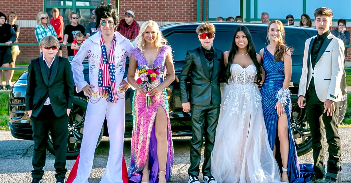 ELVIS IS IN THE BUILDING...Pictured above with “The King” at Coalgate Prom are (L-R): Brick Madden, “Elvis” Reichen Pebworth, Raeleigh Madden, Seven Williams, Lorna Roberts, Trista Horn, and Tripp Jones.